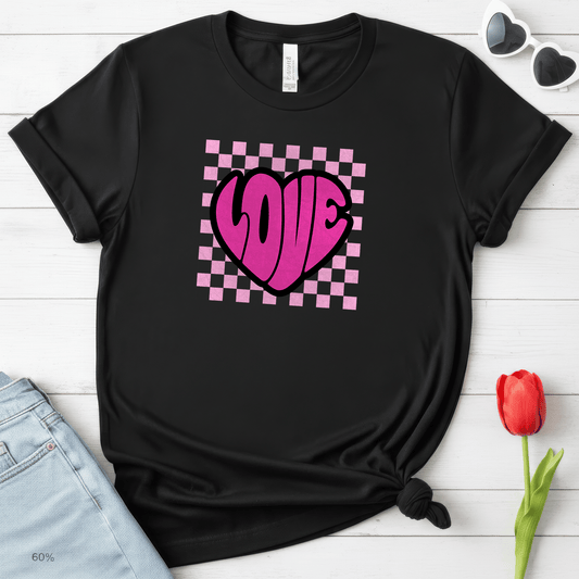 LOVE Heart Checkerboard Valentine Shirt | Trendy Pink Graphic Tee