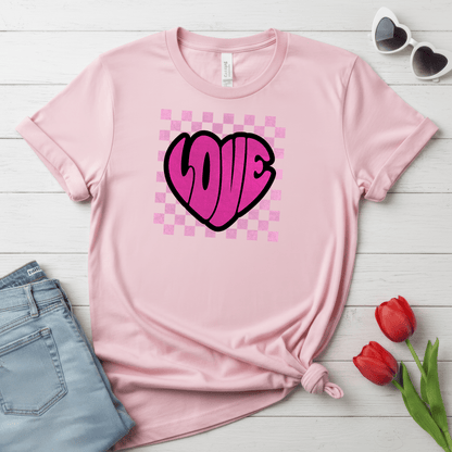 LOVE Heart Checkerboard Valentine Shirt | Trendy Pink Graphic Tee