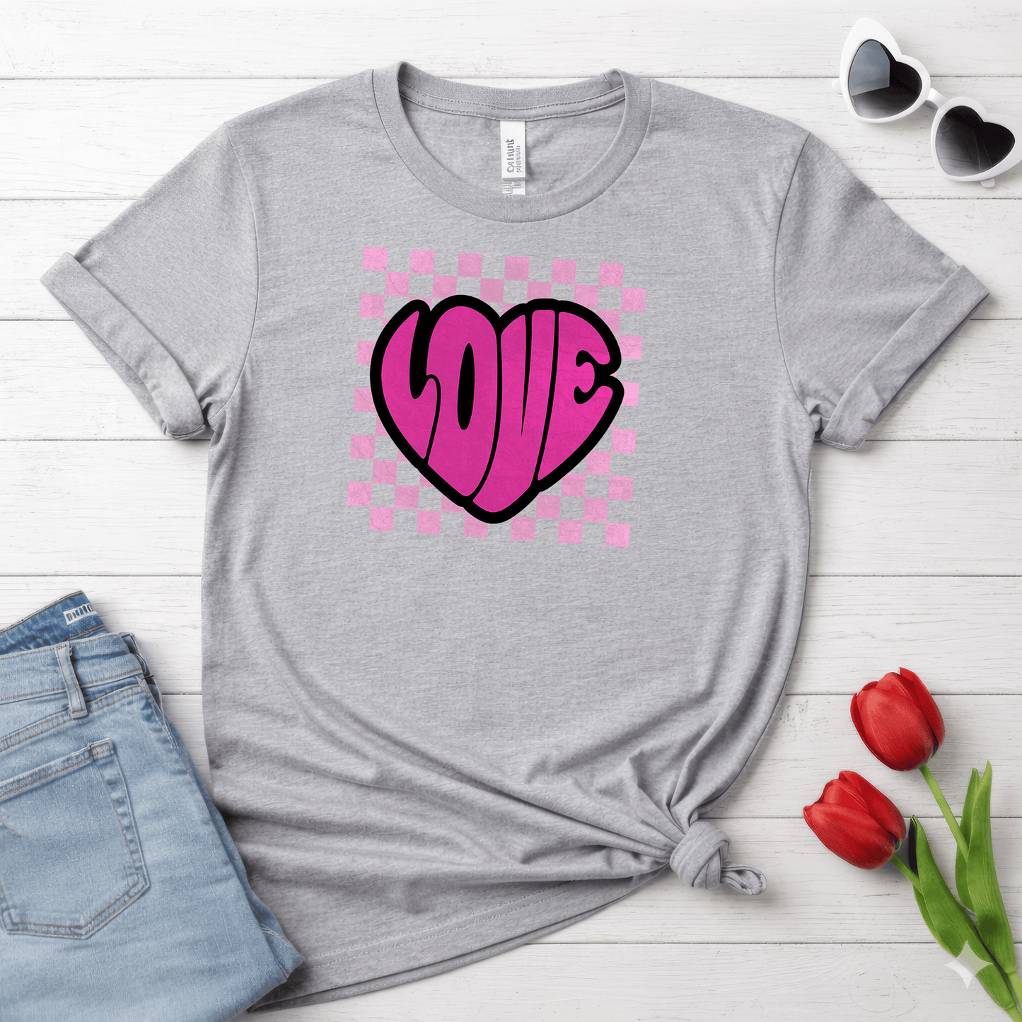 LOVE Heart Checkerboard Valentine Shirt | Trendy Pink Graphic Tee