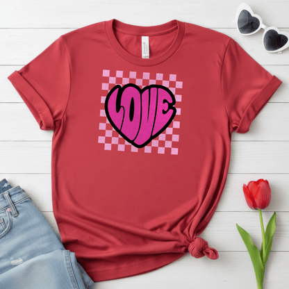 LOVE Heart Checkerboard Valentine Shirt | Trendy Pink Graphic Tee