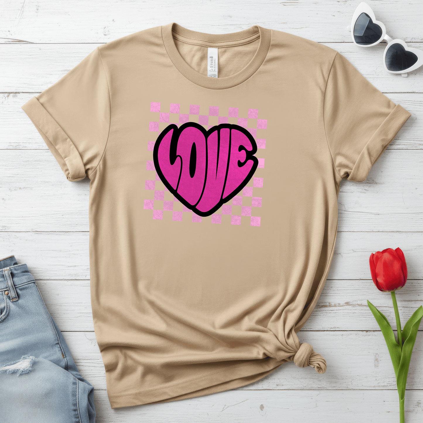 LOVE Heart Checkerboard Valentine Shirt | Trendy Pink Graphic Tee