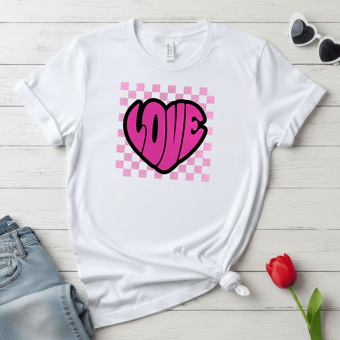 LOVE Heart Checkerboard Valentine Shirt | Trendy Pink Graphic Tee