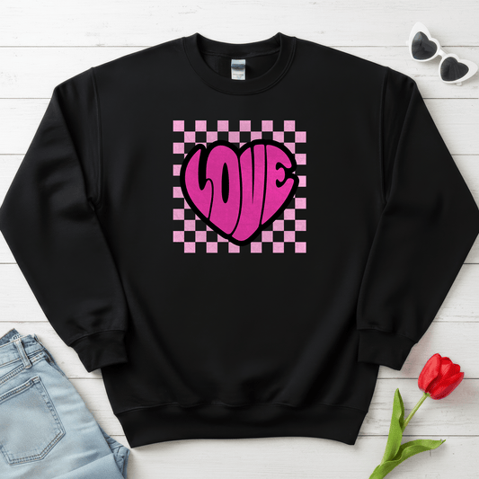 LOVE Heart Checkerboard Valentine Shirt | Trendy Pink Graphic Sweatshirt