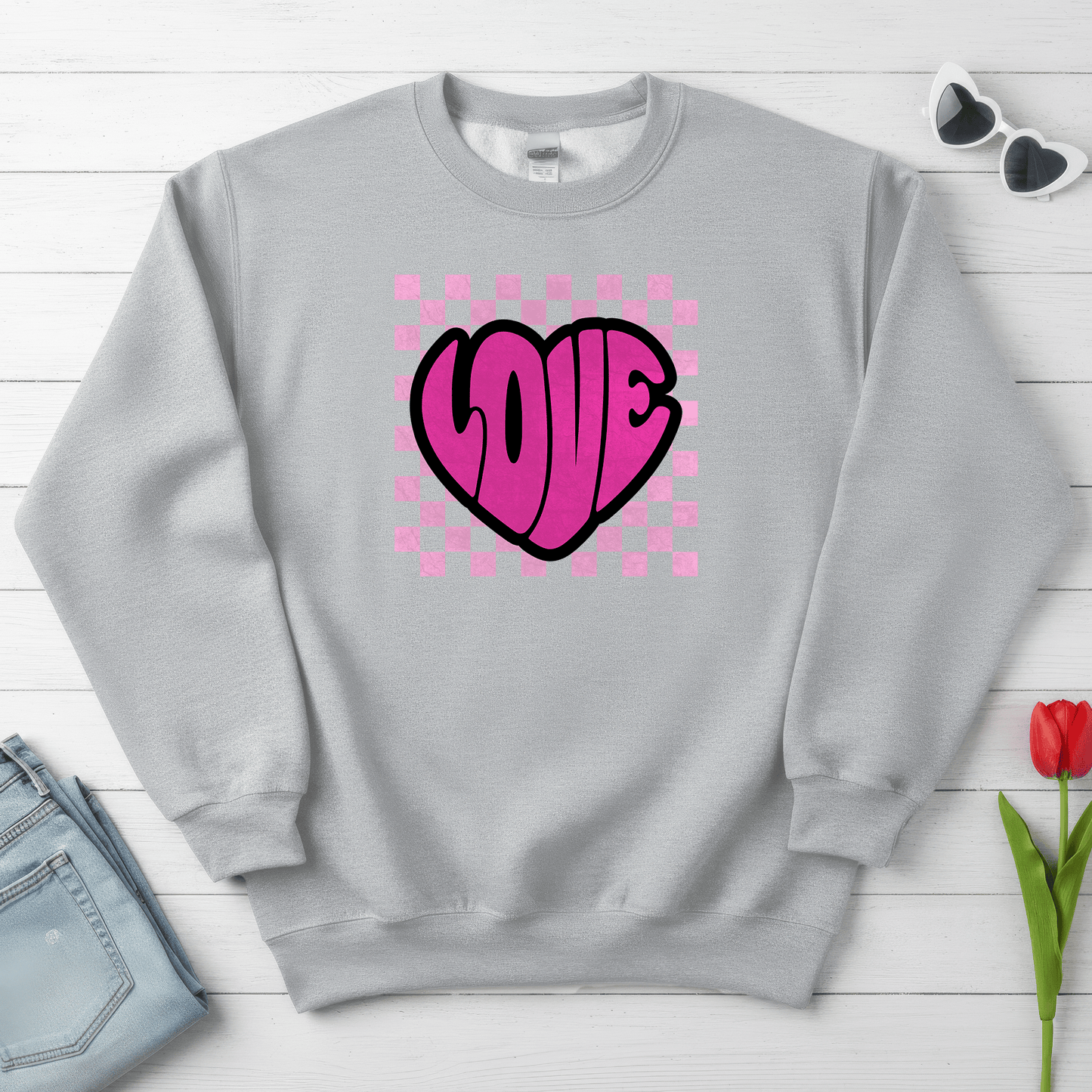 LOVE Heart Checkerboard Valentine Shirt | Trendy Pink Graphic Sweatshirt