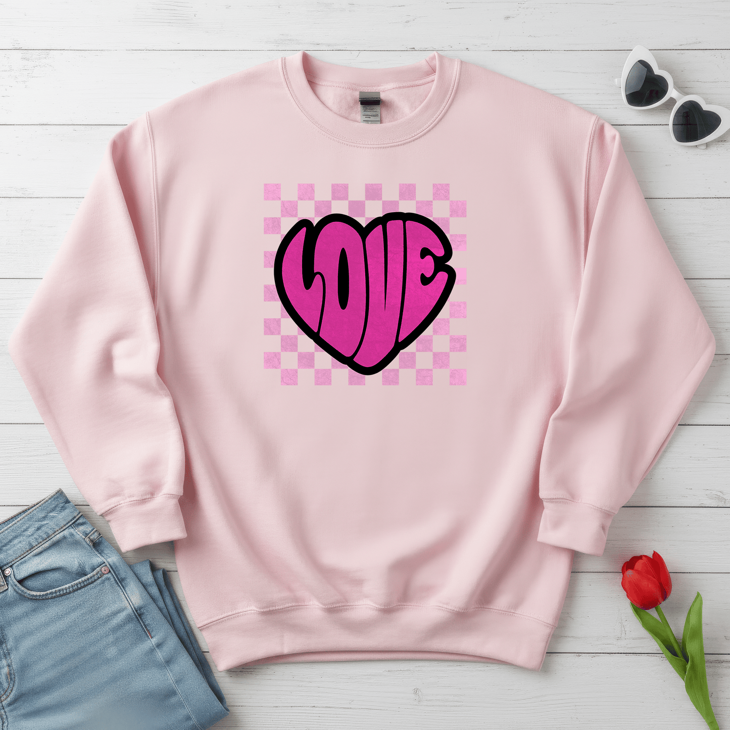 LOVE Heart Checkerboard Valentine Shirt | Trendy Pink Graphic Sweatshirt