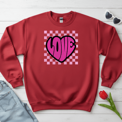 LOVE Heart Checkerboard Valentine Shirt | Trendy Pink Graphic Sweatshirt