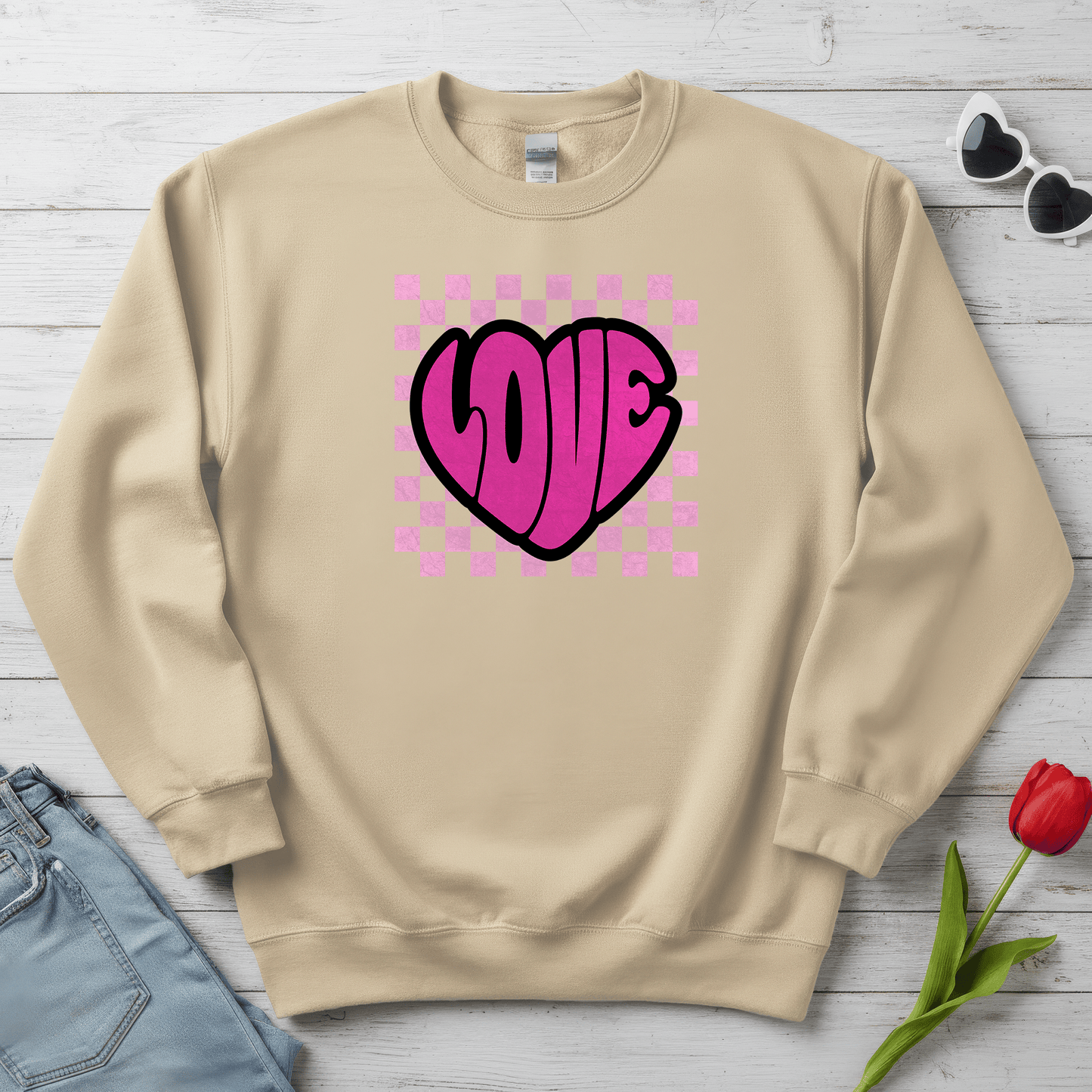 LOVE Heart Checkerboard Valentine Shirt | Trendy Pink Graphic Sweatshirt