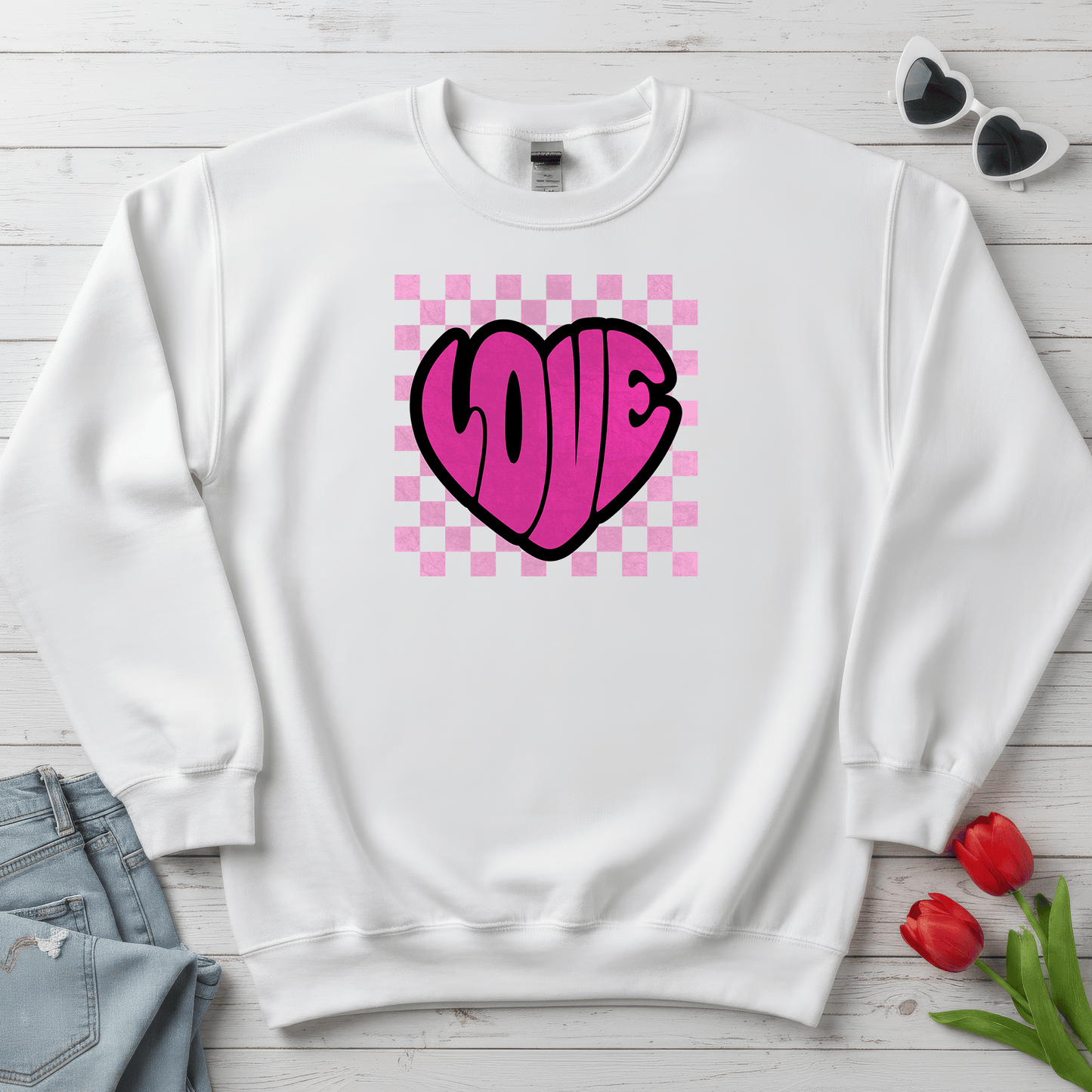 LOVE Heart Checkerboard Valentine Shirt | Trendy Pink Graphic Sweatshirt