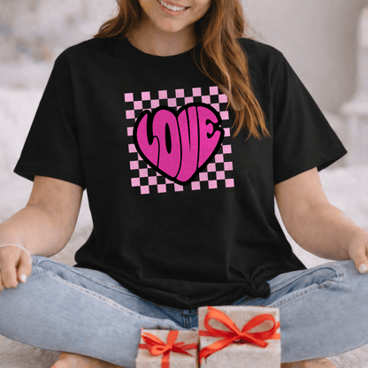 LOVE Heart Checkerboard Valentine Shirt | Trendy Pink Graphic Tee