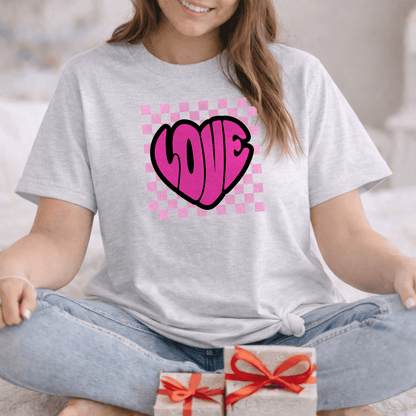 LOVE Heart Checkerboard Valentine Shirt | Trendy Pink Graphic Tee