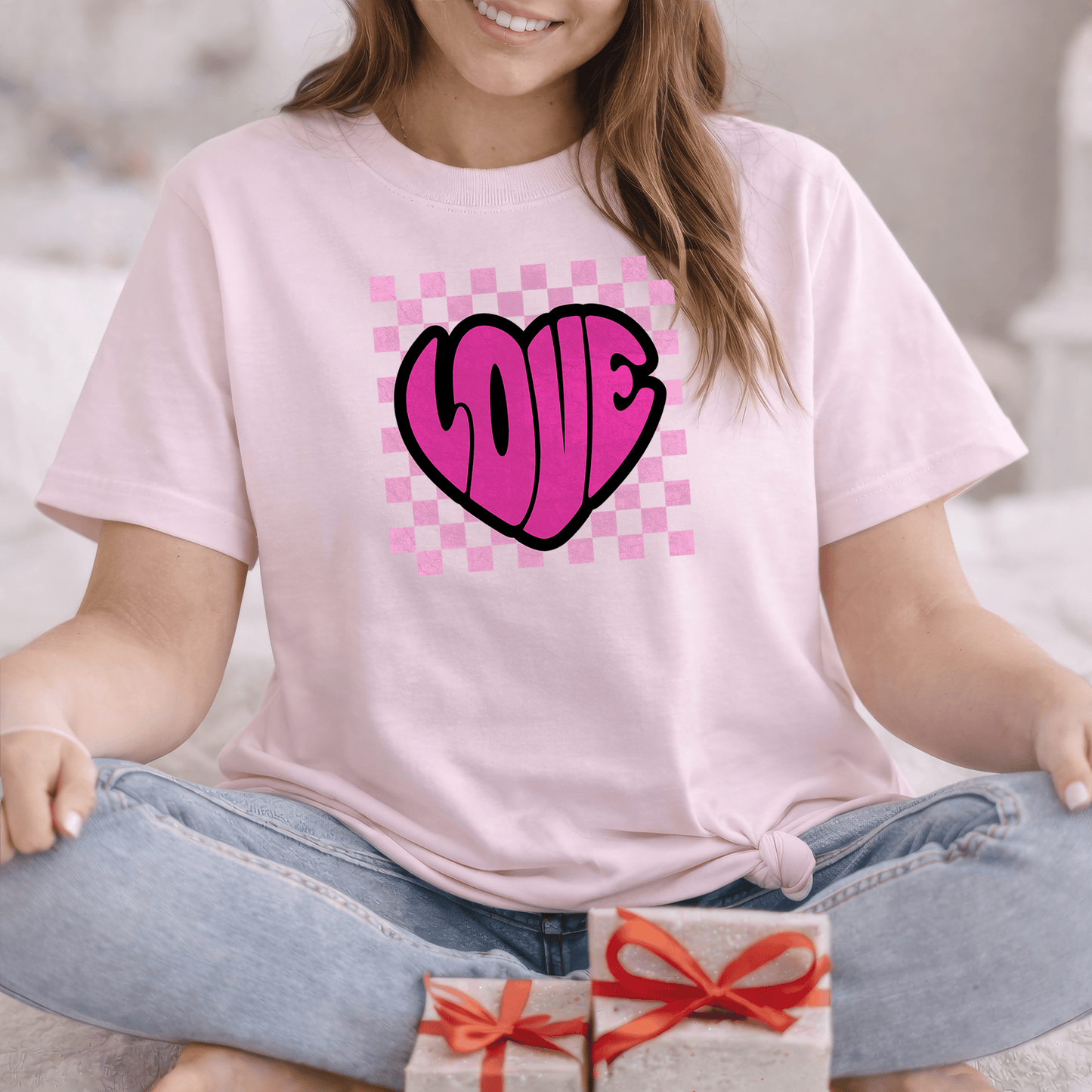 LOVE Heart Checkerboard Valentine Shirt | Trendy Pink Graphic Tee