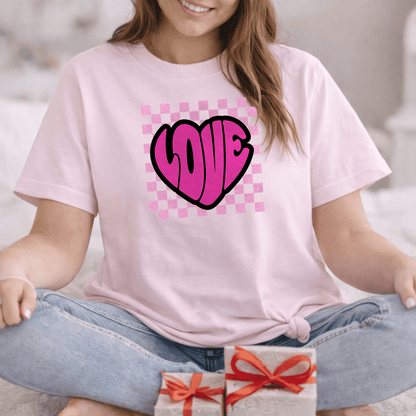 LOVE Heart Checkerboard Valentine Shirt | Trendy Pink Graphic Tee