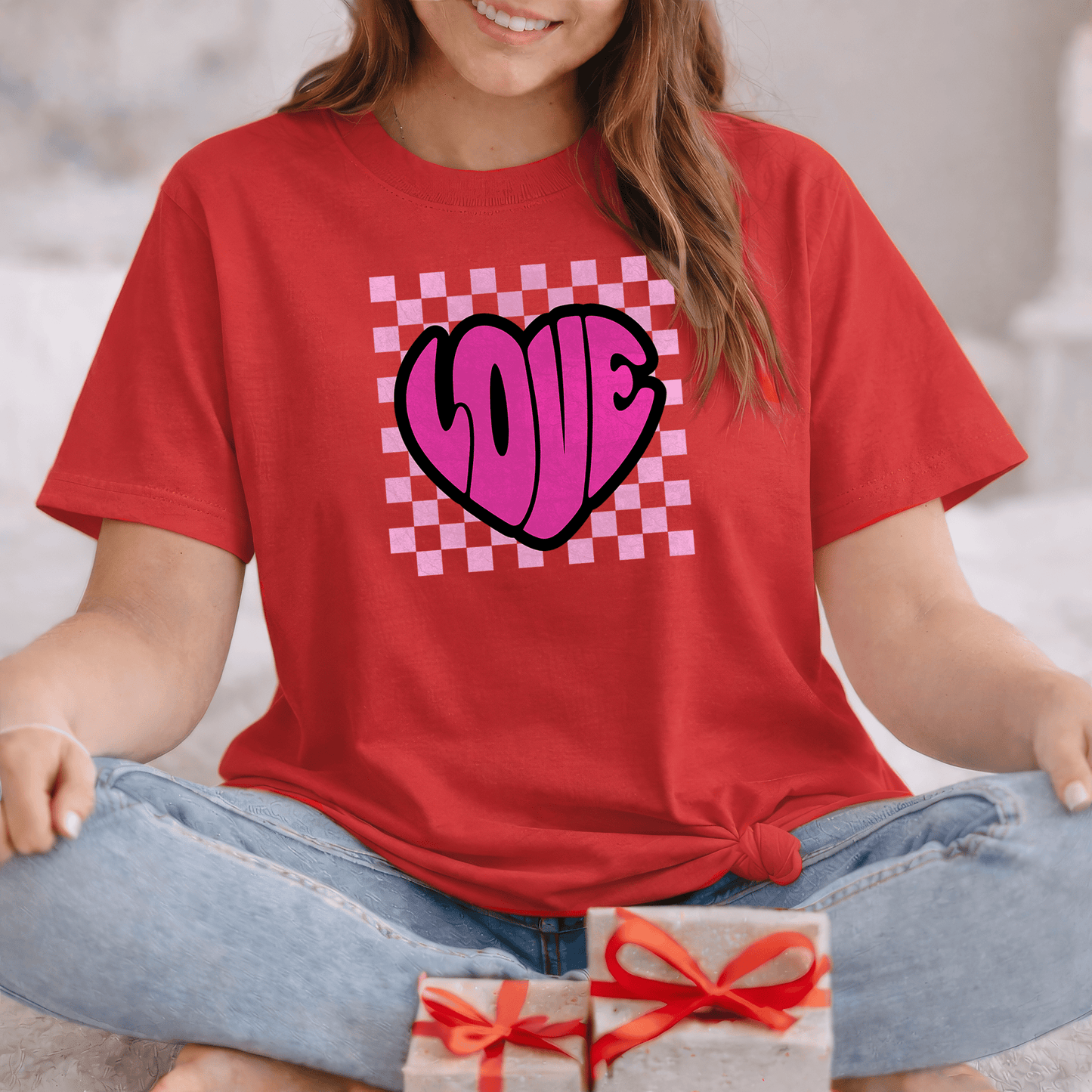 LOVE Heart Checkerboard Valentine Shirt | Trendy Pink Graphic Tee