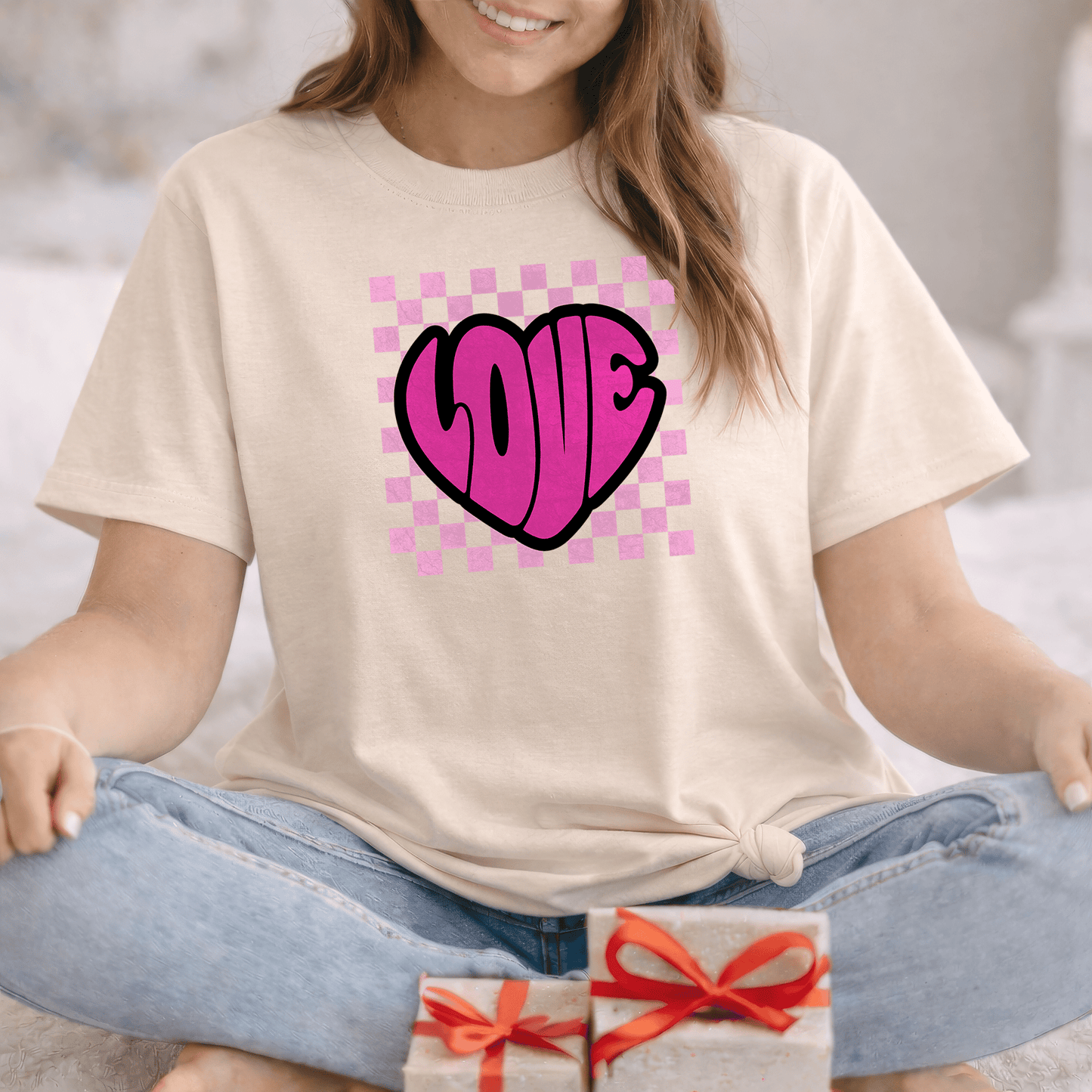 LOVE Heart Checkerboard Valentine Shirt | Trendy Pink Graphic Tee