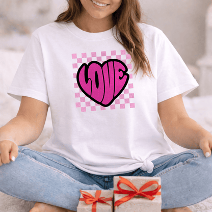 LOVE Heart Checkerboard Valentine Shirt | Trendy Pink Graphic Tee