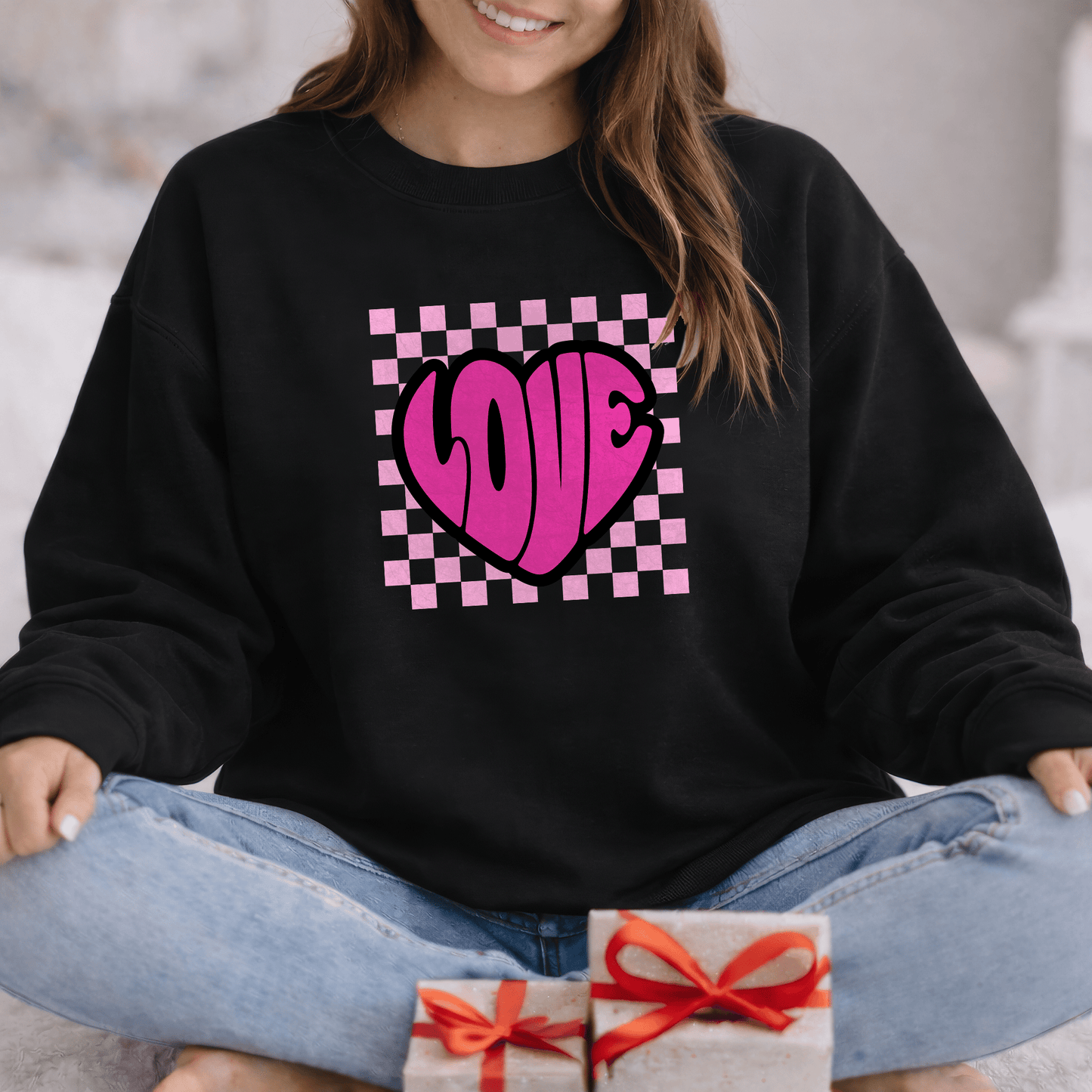 LOVE Heart Checkerboard Valentine Shirt | Trendy Pink Graphic Sweatshirt