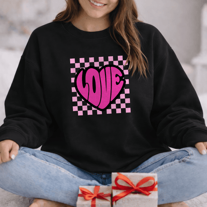 LOVE Heart Checkerboard Valentine Shirt | Trendy Pink Graphic Sweatshirt