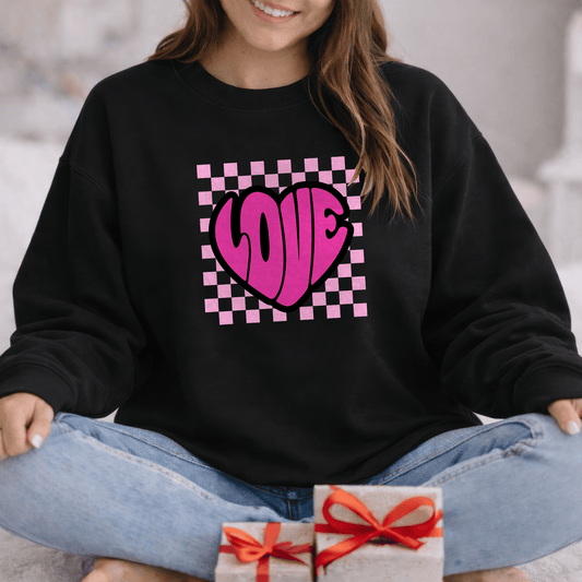 LOVE Heart Checkerboard Valentine Shirt | Trendy Pink Graphic Sweatshirt