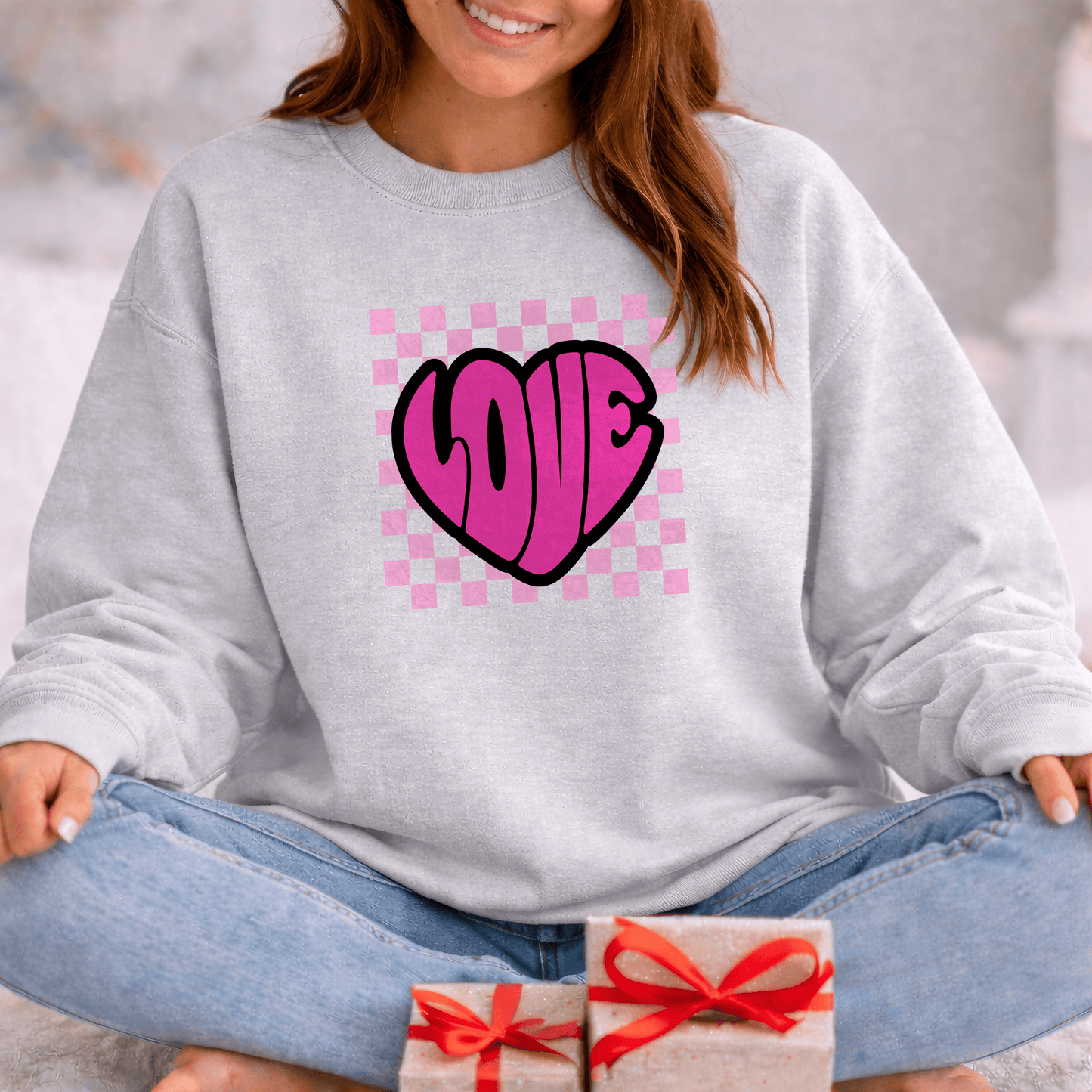 LOVE Heart Checkerboard Valentine Shirt | Trendy Pink Graphic Sweatshirt
