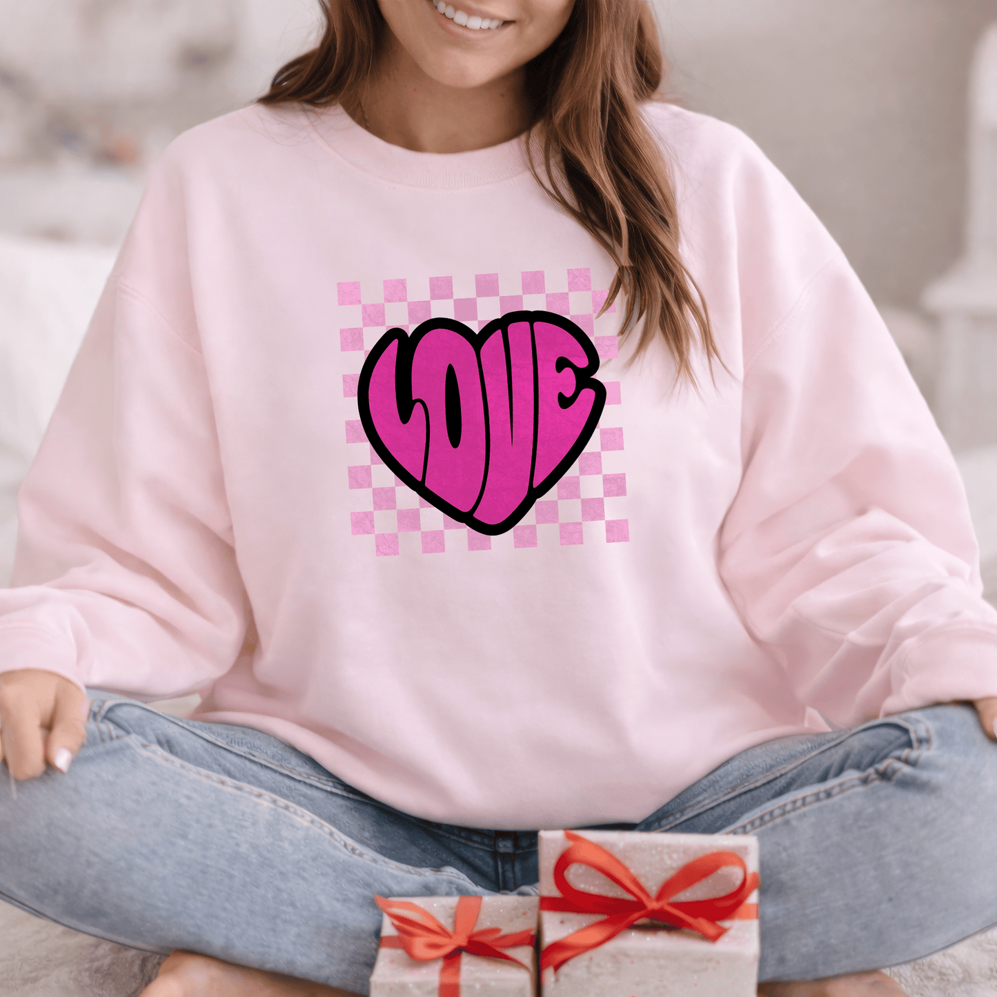 LOVE Heart Checkerboard Valentine Shirt | Trendy Pink Graphic Sweatshirt