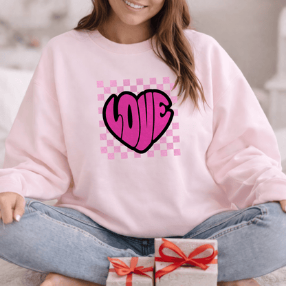 LOVE Heart Checkerboard Valentine Shirt | Trendy Pink Graphic Sweatshirt