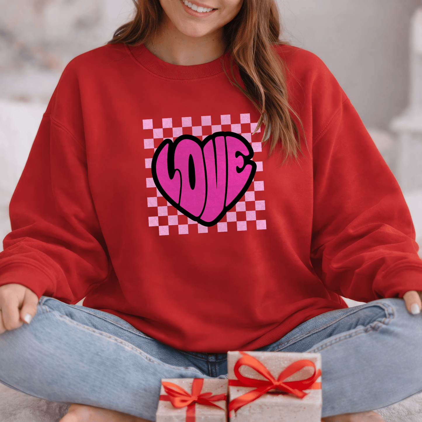 LOVE Heart Checkerboard Valentine Shirt | Trendy Pink Graphic Sweatshirt