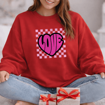 LOVE Heart Checkerboard Valentine Shirt | Trendy Pink Graphic Sweatshirt