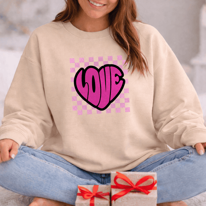 LOVE Heart Checkerboard Valentine Shirt | Trendy Pink Graphic Sweatshirt