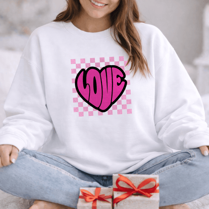 LOVE Heart Checkerboard Valentine Shirt | Trendy Pink Graphic Sweatshirt