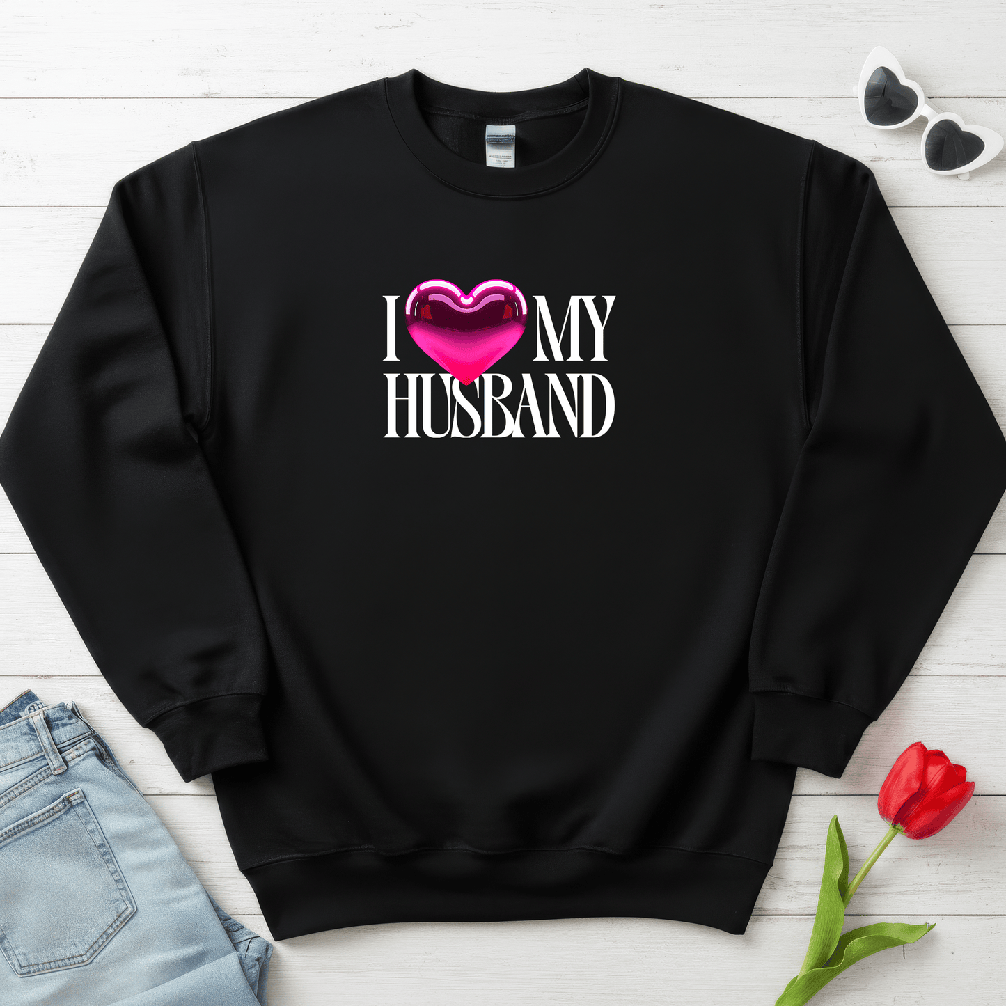Glossy Pink Heart Husband Valentine Sweatshirt | Modern Minimal Love Design