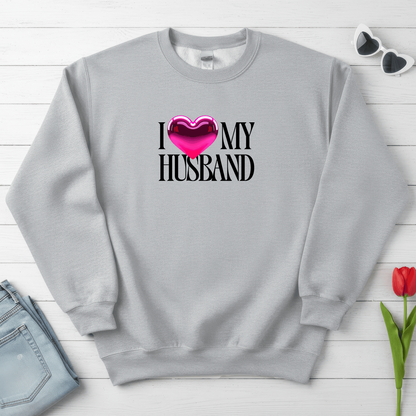 Glossy Pink Heart Husband Valentine Sweatshirt | Modern Minimal Love Design