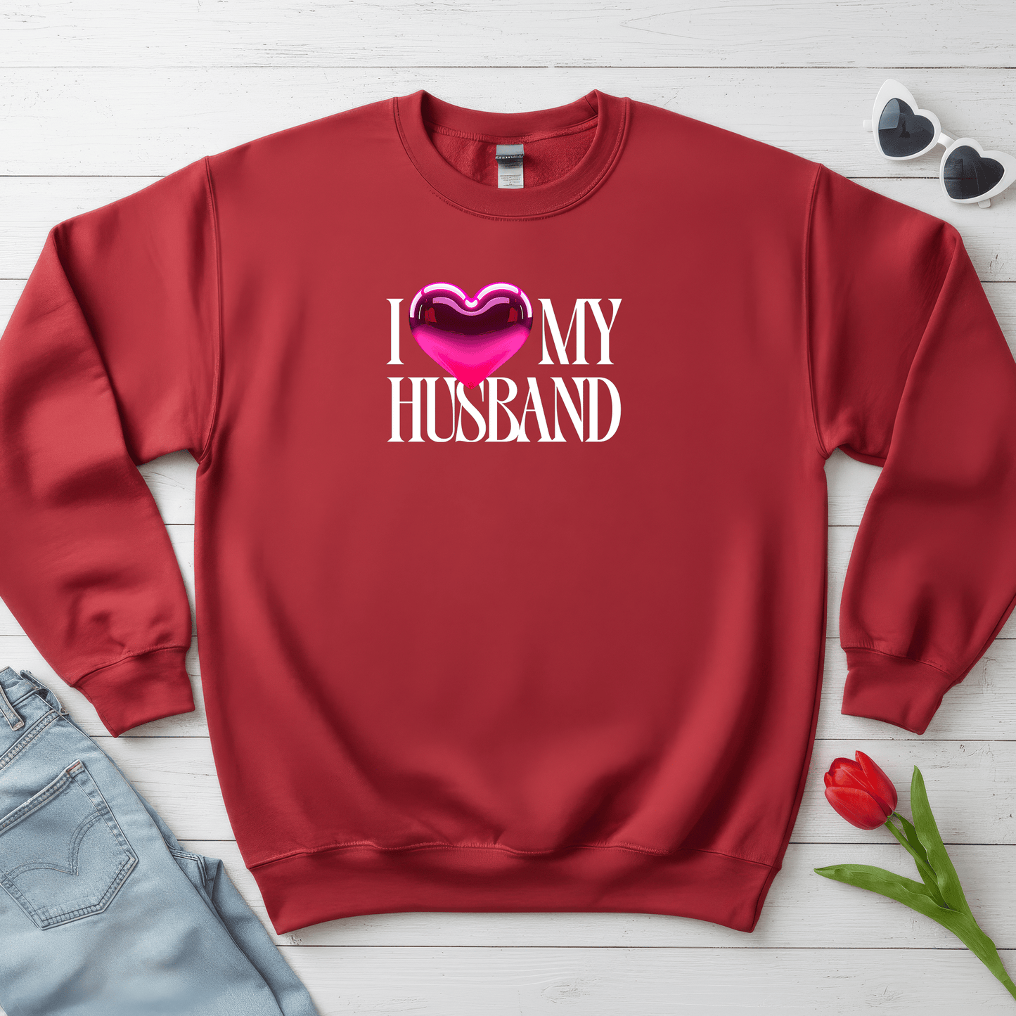 Glossy Pink Heart Husband Valentine Sweatshirt | Modern Minimal Love Design