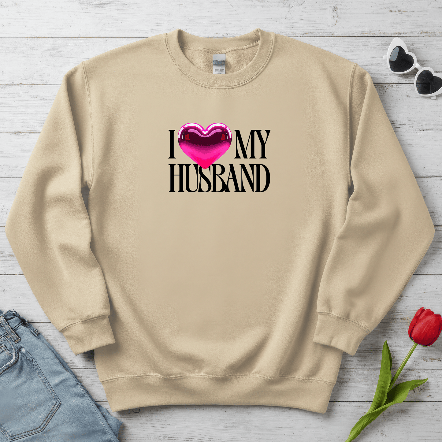 Glossy Pink Heart Husband Valentine Sweatshirt | Modern Minimal Love Design