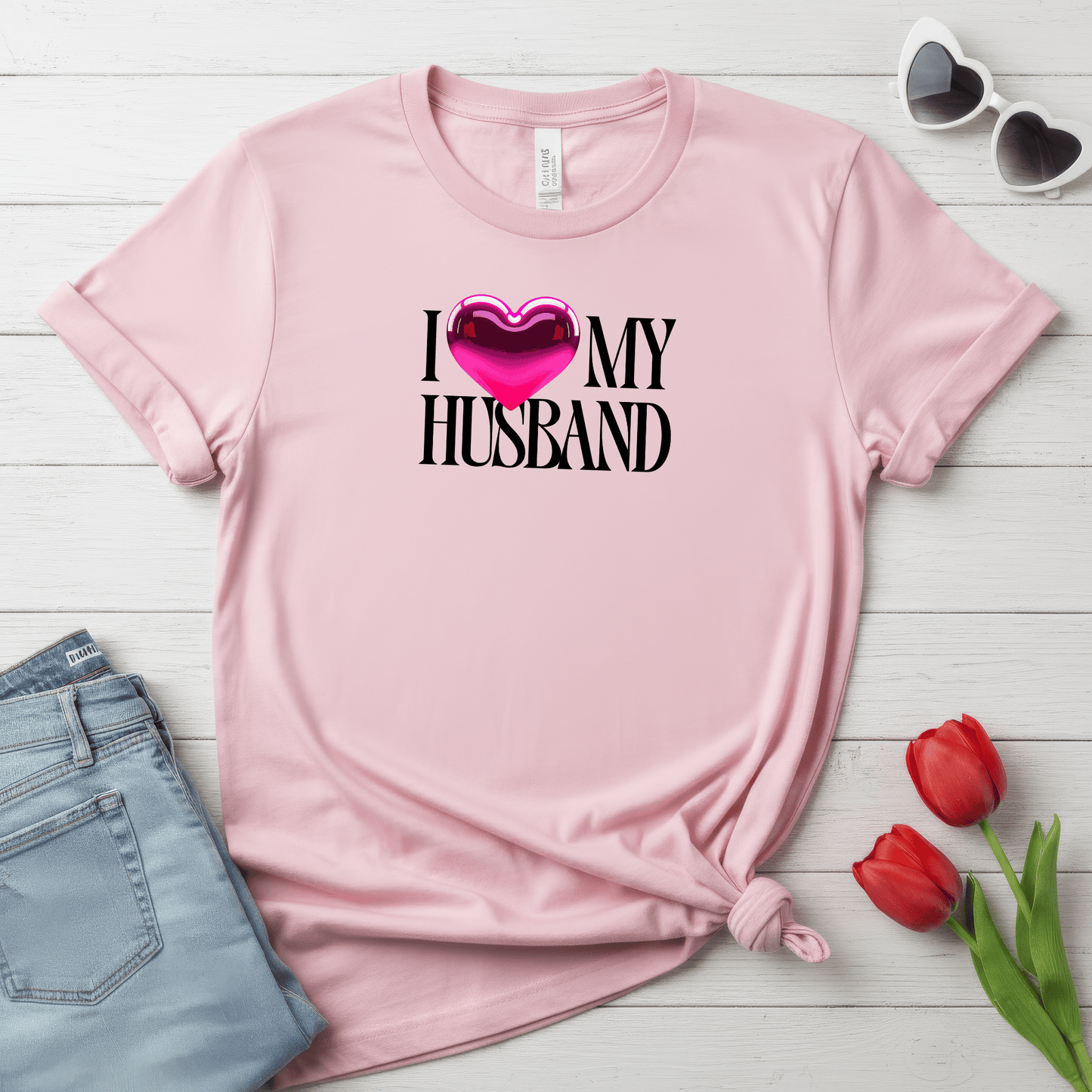 Glossy Pink Heart Husband Valentine T-Shirt – Modern Minimal Love Design