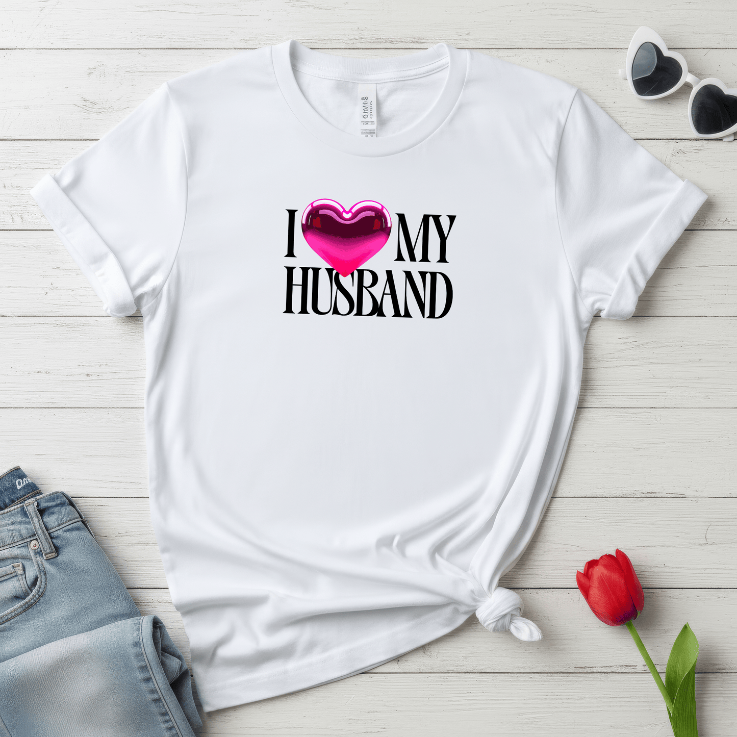 Glossy Pink Heart Husband Valentine T-Shirt – Modern Minimal Love Design