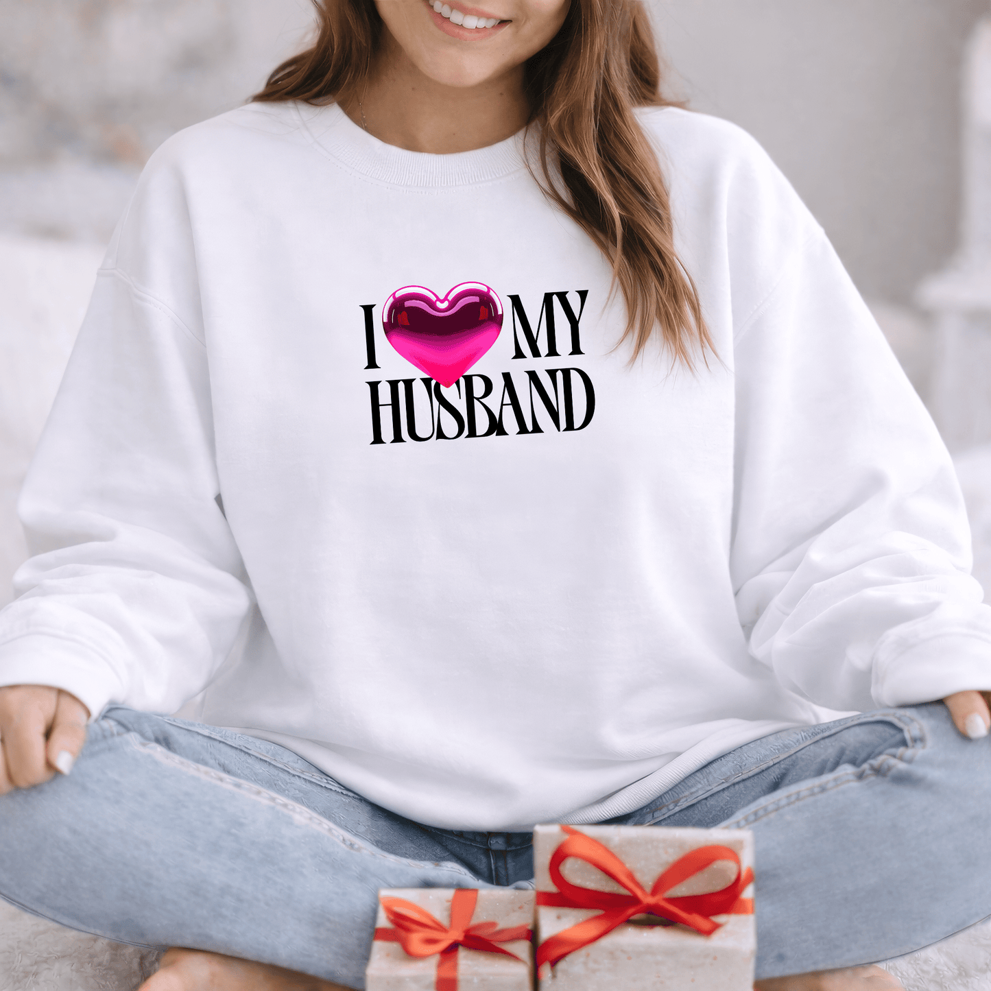 Glossy Pink Heart Husband Valentine Sweatshirt | Modern Minimal Love Design