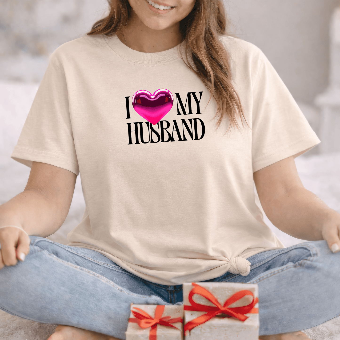 Glossy Pink Heart Husband Valentine T-Shirt – Modern Minimal Love Design