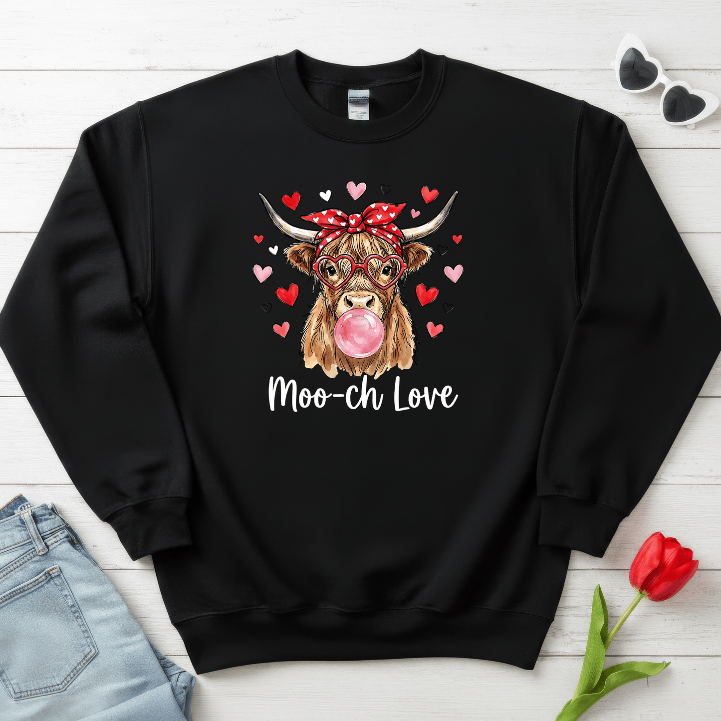 Moo-ch Love Highland Cow Valentine Sweatshirt | Cute Bubblegum, Heart Glasses Design