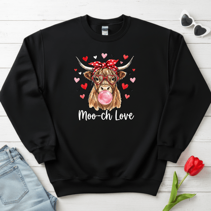 Moo-ch Love Highland Cow Valentine Sweatshirt | Cute Bubblegum, Heart Glasses Design