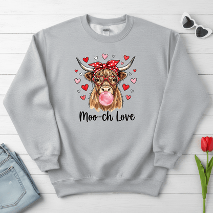 Moo-ch Love Highland Cow Valentine Sweatshirt | Cute Bubblegum, Heart Glasses Design