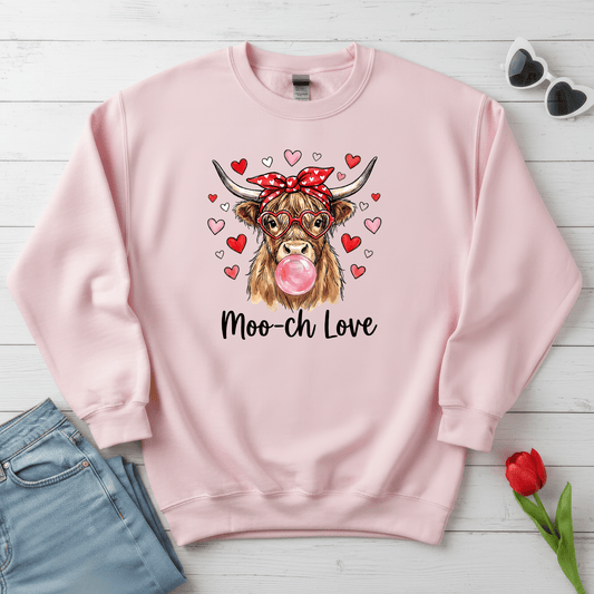 Moo-ch Love Highland Cow Valentine Sweatshirt | Cute Bubblegum, Heart Glasses Design