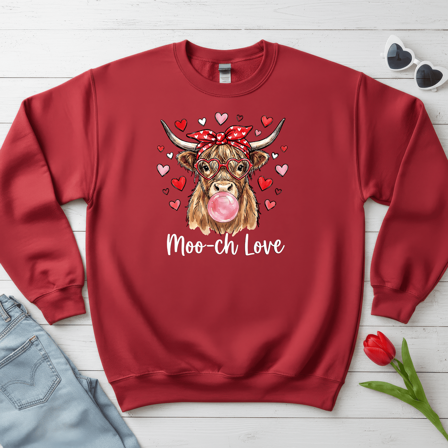 Moo-ch Love Highland Cow Valentine Sweatshirt | Cute Bubblegum, Heart Glasses Design
