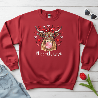 Moo-ch Love Highland Cow Valentine Sweatshirt | Cute Bubblegum, Heart Glasses Design