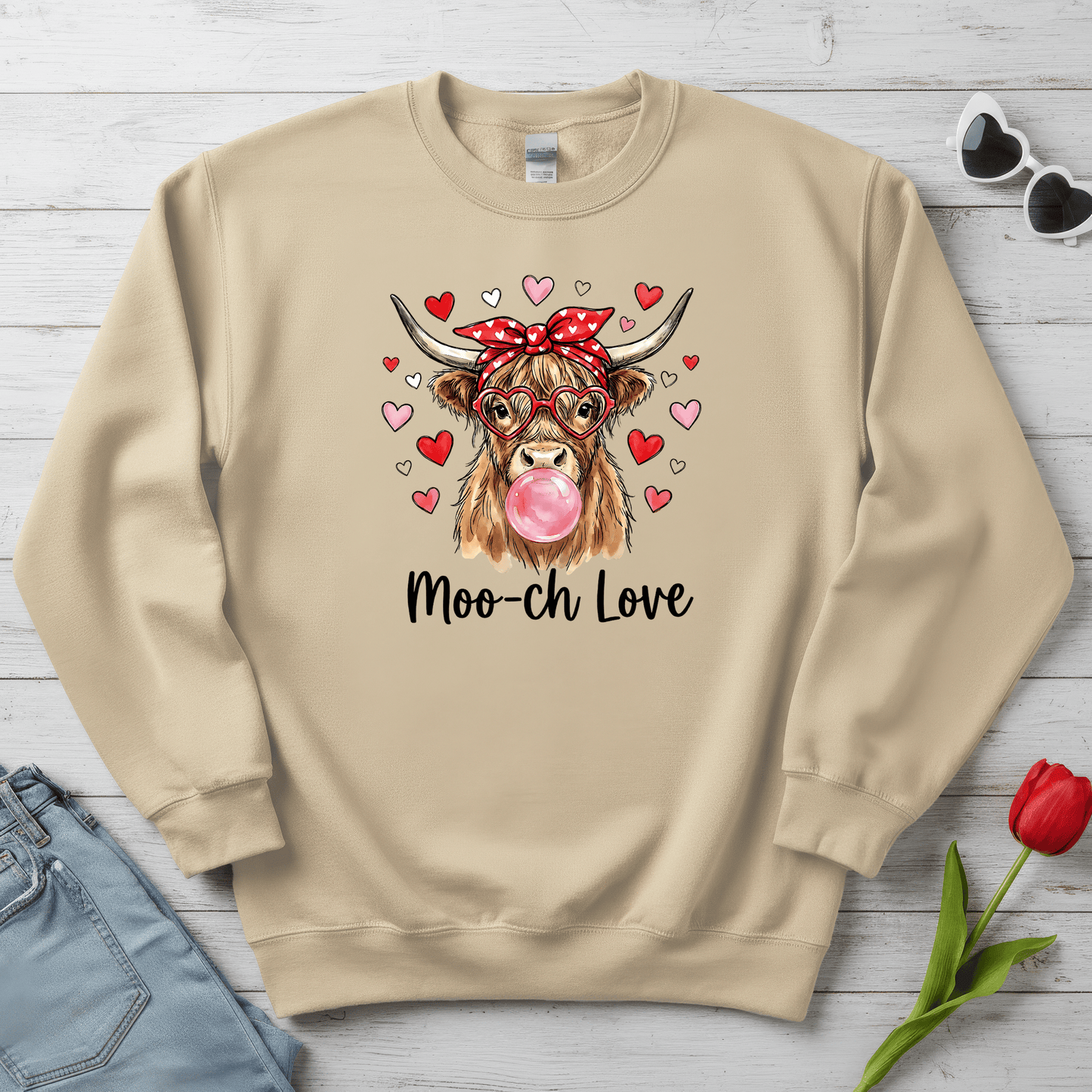 Moo-ch Love Highland Cow Valentine Sweatshirt | Cute Bubblegum, Heart Glasses Design