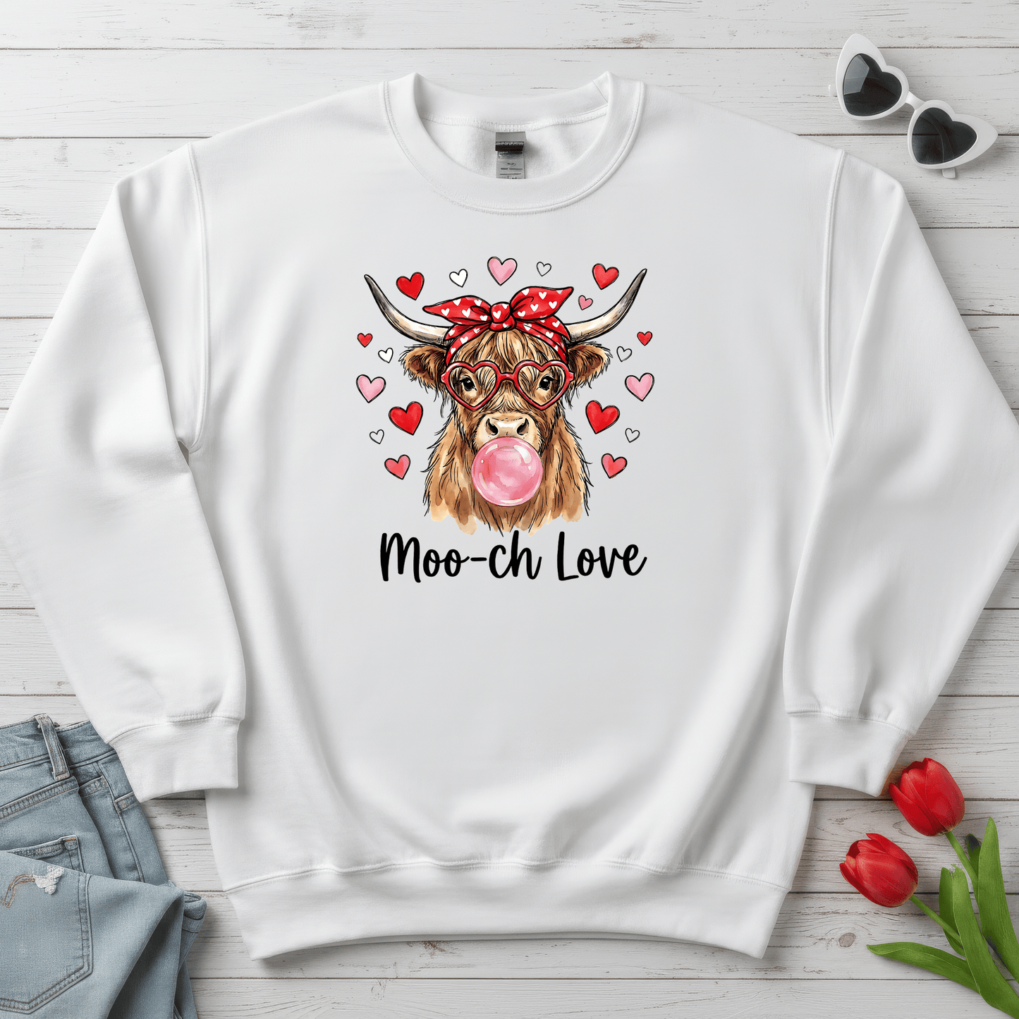 Moo-ch Love Highland Cow Valentine Sweatshirt | Cute Bubblegum, Heart Glasses Design