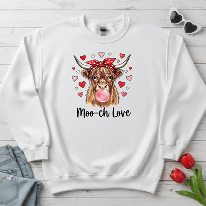 Moo-ch Love Highland Cow Valentine Sweatshirt | Cute Bubblegum, Heart Glasses Design
