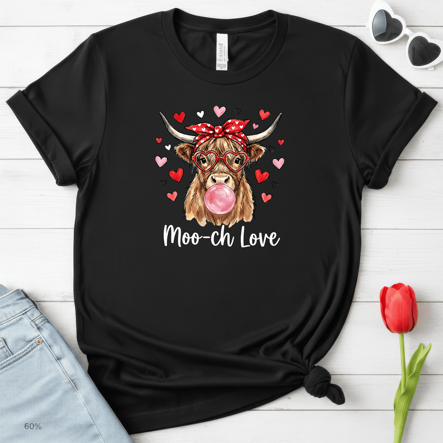 Moo-ch Love Highland Cow Valentine T-Shirt | Cute Bubblegum, Heart Glasses Design
