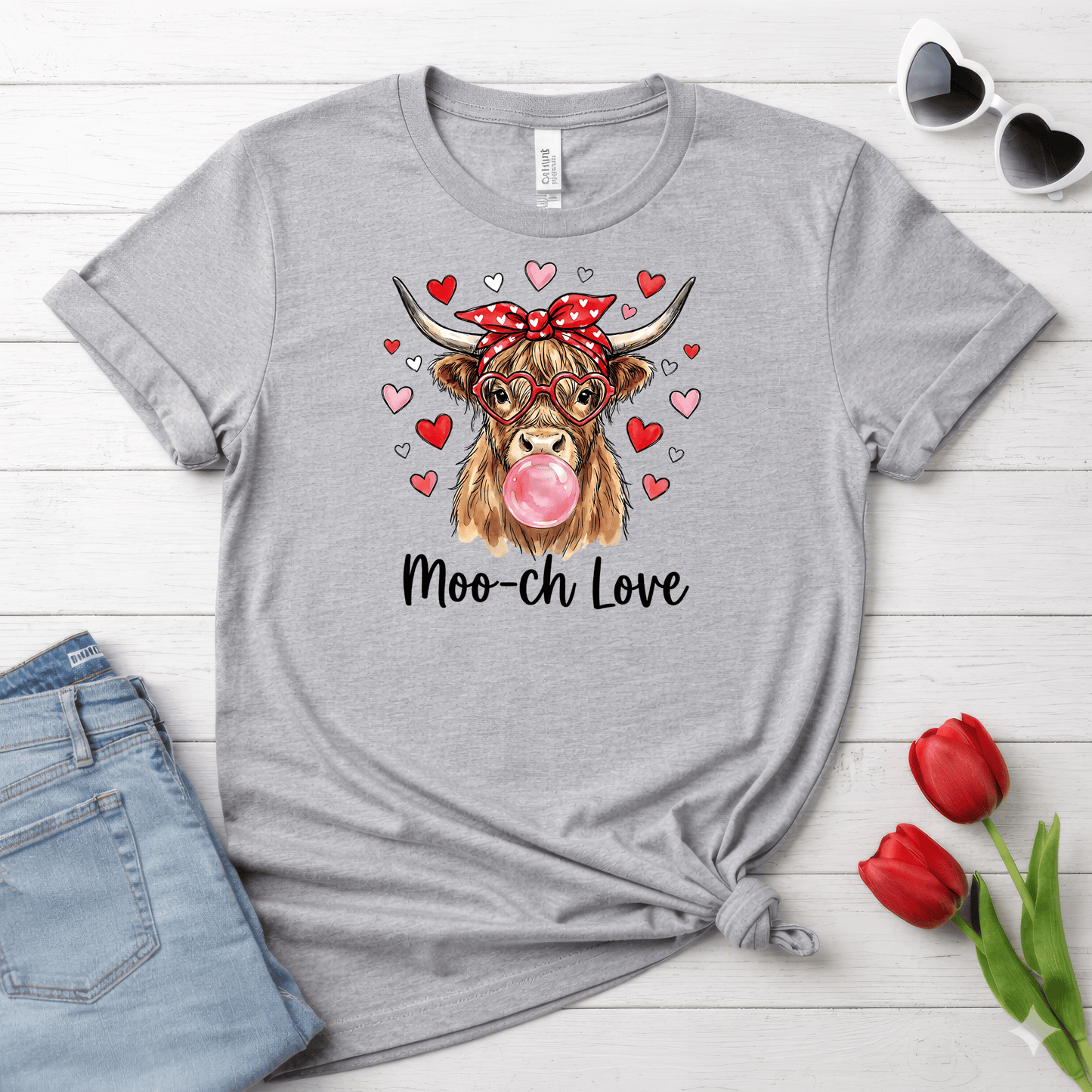 Moo-ch Love Highland Cow Valentine T-Shirt | Cute Bubblegum, Heart Glasses Design