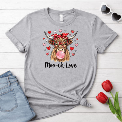 Moo-ch Love Highland Cow Valentine T-Shirt | Cute Bubblegum, Heart Glasses Design