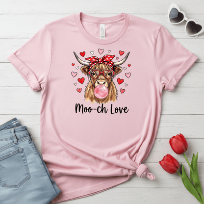 Moo-ch Love Highland Cow Valentine T-Shirt | Cute Bubblegum, Heart Glasses Design